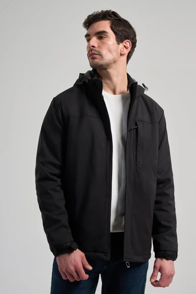 Siyah Bez Ayağı Dik Yaka Düz Tam Astar Standart Fit Casual Mont 1007245164_001 - Resim 3