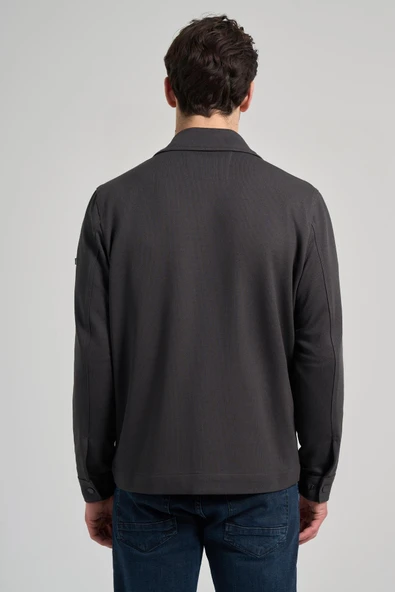 Koyu Antrasit Armürlü Bebe Yaka Kendinden Pamuklu Garnisiz-Biyesiz Standart Fit Mont 1007245163 - Resim 5