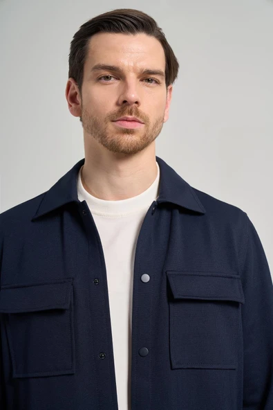 Koyu Lacivert Armürlü Bebe Yaka Kendinden Pamuklu Garnisiz-Biyesiz Standart Fit Mont 1007245163 - Resim 4