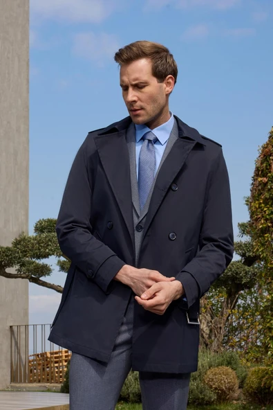 Koyu Lacivert Mono Yaka Düz Classic Slim Fit Pardesü 1006250105