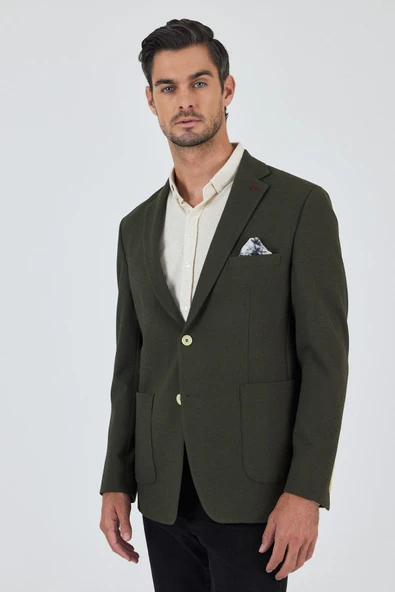Koyu Haki Mono Yaka Gofreli  Esnek 6 Drop Slim Fit Casual  Ceket 1002250126
