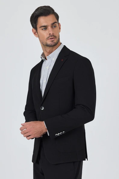 Siyah Mono Yaka Düz 2 Düğme Casual Esnek Slim Fit Ceket 1002250123 - Resim 3