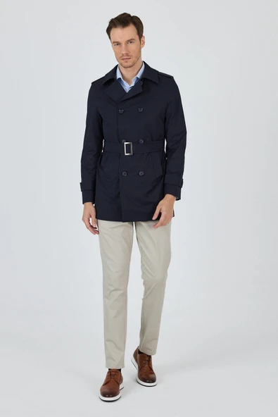 Koyu Lacivert Mono Yaka Düz Classic Slim Fit Pardesü 1006250105 - 4