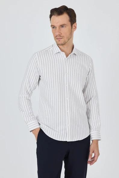 Açık Bej Yarım İtalyan Yaka Çizgili Desen Casual Slim Fit Gömlek 1004250216