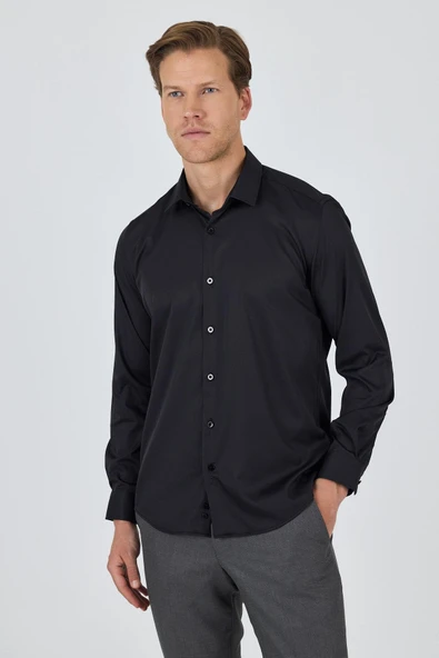 Siyah Sert Yaka Cepsiz Gabardin Uzun Kol Slim Fit Esnek Gömlek 1004250234