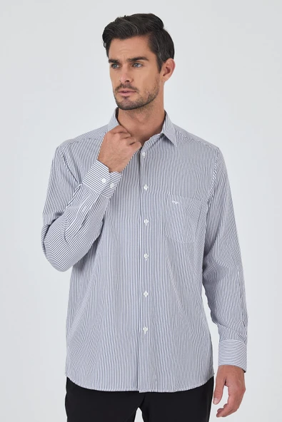 Uzun Kol Çizgili Desen Bez Ayağı Sert Yaka cepli Pamuklu Classic Comfort Fit Gömlek 1004250179