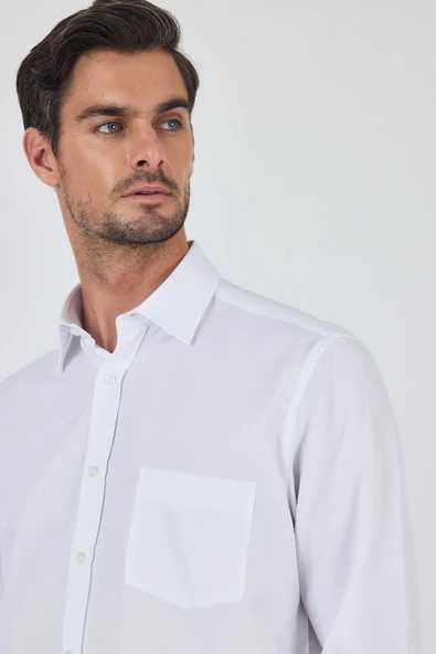 Uzun Kol Desenli Armürlü Sert Yaka Cepsiz Pamuklu Classic Comfort Fit Gömlek 1004250209 - Resim 4