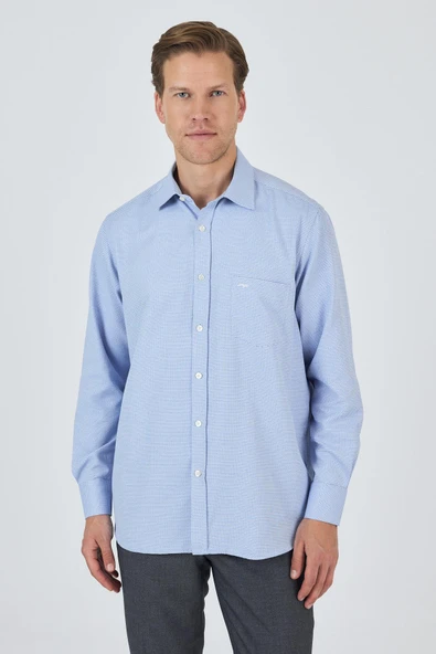 Koyu Mavi Sert Yaka Kendinden Desenli Classic Pamuklu Comfort Fit Gömlek 1004250219