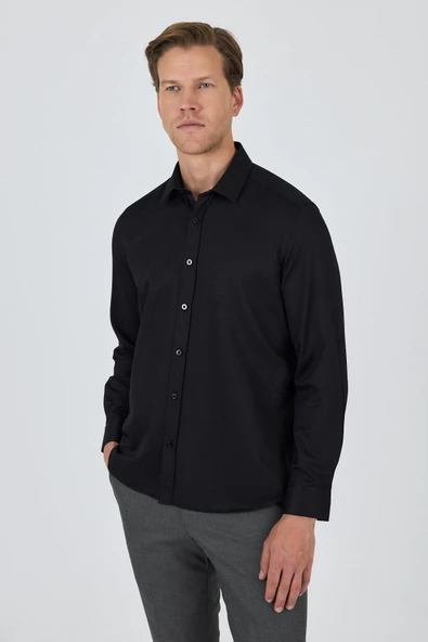 Uzun Kol Desenli Armürlü Sert Yaka Cepsiz Pamuklu Classic Slim Fit Gömlek 1004250194