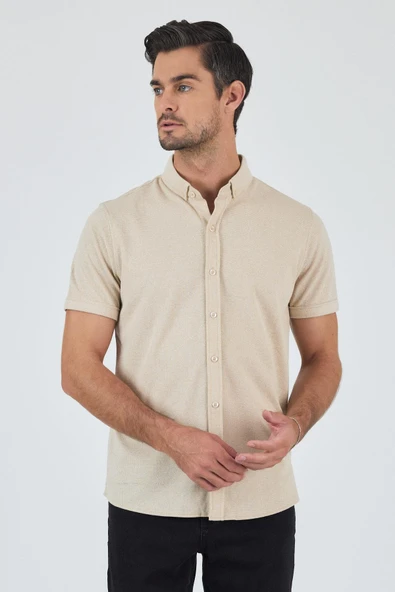 Bej Kısa Kol Düz Örme Düğmeli Yaka Cepsiz Pamuklu Classic Slim Fit Gömlek 1004250155_591