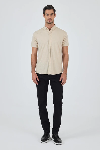 Bej Kısa Kol Düz Örme Düğmeli Yaka Cepsiz Pamuklu Classic Slim Fit Gömlek 1004250155_591 - Resim 2