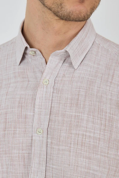 Kahverengi Uzun Kol Cepsiz Pamuk Casual Comfort Fit Gömlek 1004250127 - Resim 4