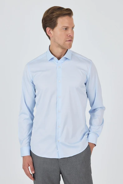 Uzun Kol Düz Bez Ayağı Sert Yaka Cepsiz Pamuklu Classic Slim Fit Gömlek 1004250160 - Resim 3