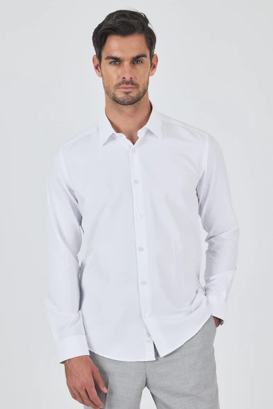 Beyaz Sert Yaka Düz Classic Pamuklu Slim Fit Gömlek 1004250900