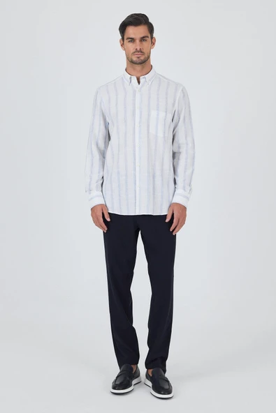 Uzun Kol Çizgili Desen Bez Ayağı Düğmeli Yaka cepli Pamuklu Casual Comfort Fit Gömlek 1004250190 - Resim 2