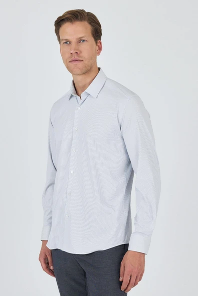 Beyaz-Mavi Sert Yaka Cepsiz Gabardin Uzun Kol Slim Fit Esnek Gömlek 1004250231 - Resim 3