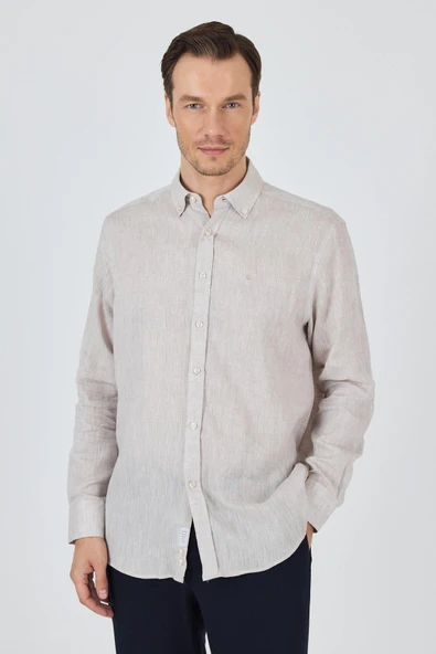 Uzun Kol Düz Keten Düğmeli Yaka Cepsiz Casual Comfort Fit Gömlek 1004250114