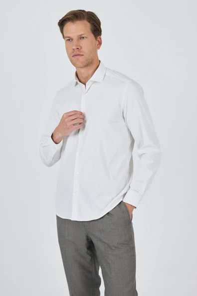 Uzun Kol Çizgili Desen Bez Ayağı İtalyan Yaka Cepsiz Esnek Classic Slim Fit Gömlek 1004250202 - Resim 2