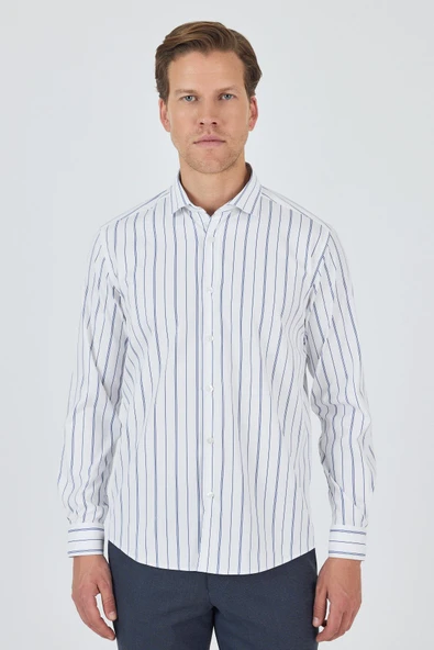 Uzun Kol Çizgili Desen Bez Ayağı İtalyan Yaka Cepsiz Esnek Classic Slim Fit Gömlek 1004250203