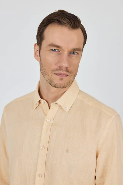 Uzun Kol Düz Keten Düğmeli Yaka Cepsiz Casual Comfort Fit Gömlek 1004250114 - Resim 4