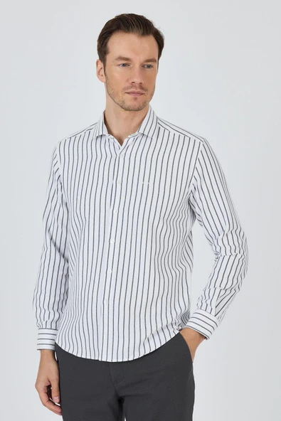 Siyah Yarım İtalyan Yaka Çizgili Desen Casual Slim Fit Gömlek 1004250216 - Resim 3