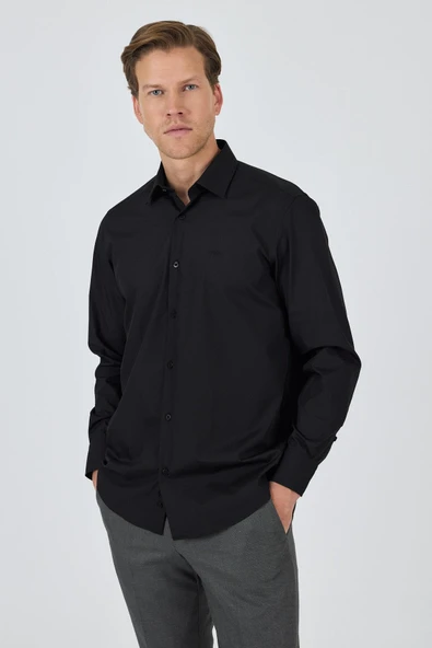 Siyah Klasik Yaka Uzun Kol Cepsiz Comfort Fit Classic Pamuklu Gömlek Gömlek 1004250287