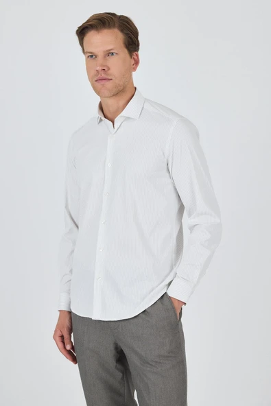 Uzun Kol Çizgili Desen Bez Ayağı İtalyan Yaka Cepsiz Esnek Classic Slim Fit Gömlek 1004250202 - Resim 3
