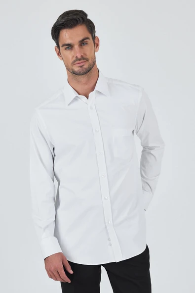 Uzun Kol Düz Bez Ayağı Sert Yaka cepli Pamuklu Classic Comfort Fit Gömlek 1004250210
