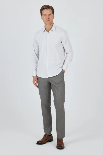 Beyaz-Gri Sert Yaka Cepsiz Gabardin Uzun Kol Slim Fit Esnek Gömlek 1004250231 - Resim 2