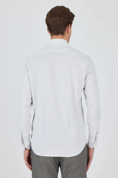 Beyaz-Gri Sert Yaka Cepsiz Gabardin Uzun Kol Slim Fit Esnek Gömlek 1004250231 - Resim 5