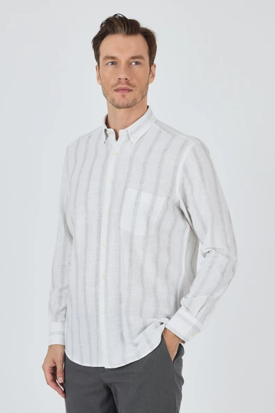 Uzun Kol Çizgili Desen Bez Ayağı Düğmeli Yaka cepli Pamuklu Casual Comfort Fit Gömlek 1004250190 - Resim 2