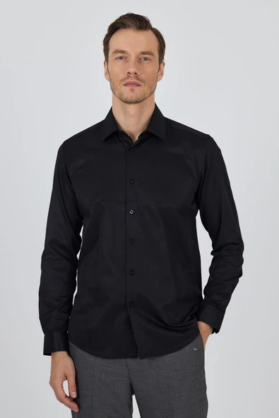 Siyah Sert Yaka Düz Classic Pamuklu Slim Fit Gömlek 1004250900