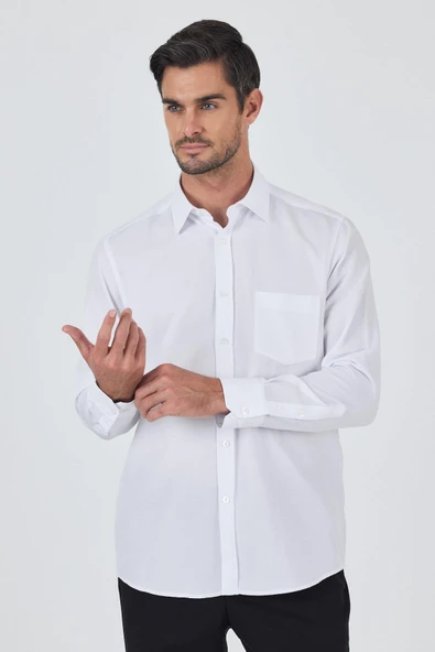 Uzun Kol Desenli Armürlü Sert Yaka Cepsiz Pamuklu Classic Comfort Fit Gömlek 1004250209 ürün görseli
