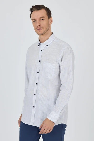 Uzun Kol Çizgili Desen Bez Ayağı Düğmeli Yaka cepli Pamuklu Casual Comfort Fit Gömlek 1004250100 - Resim 3