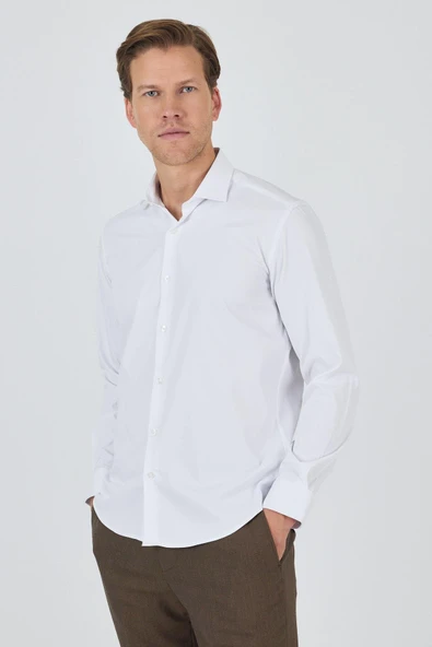 Uzun Kol Düz Bez Ayağı Sert Yaka Cepsiz Pamuklu Classic Slim Fit Gömlek 1004250160 ürün görseli
