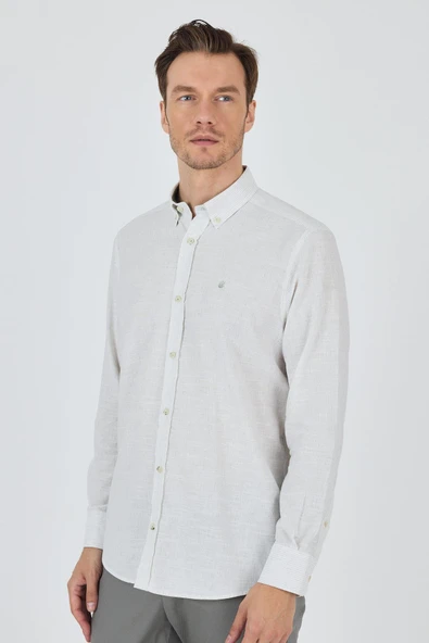 Uzun Kol Çizgili Desen Bez Ayağı Düğmeli Yaka Cepsiz Pamuklu Classic Comfort Fit Gömlek 1004250198 - Resim 3