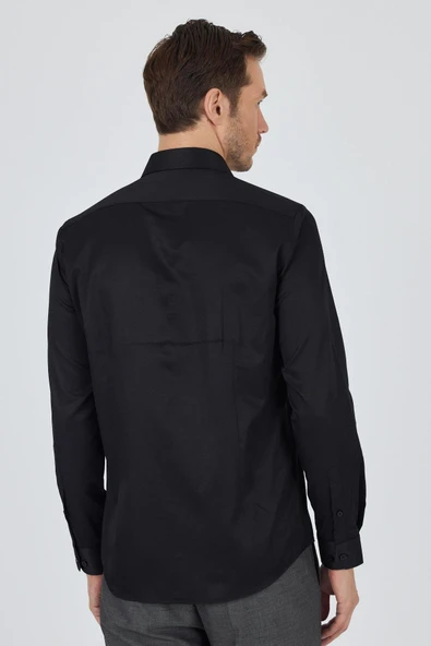 Siyah Sert Yaka Düz Classic Pamuklu Slim Fit Gömlek 1004250900 - Resim 5