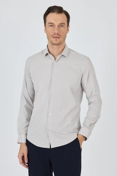 Uzun Kol Çizgili Desen Bez Ayağı İtalyan Yaka Cepsiz Esnek Classic Slim Fit Gömlek 1004250200