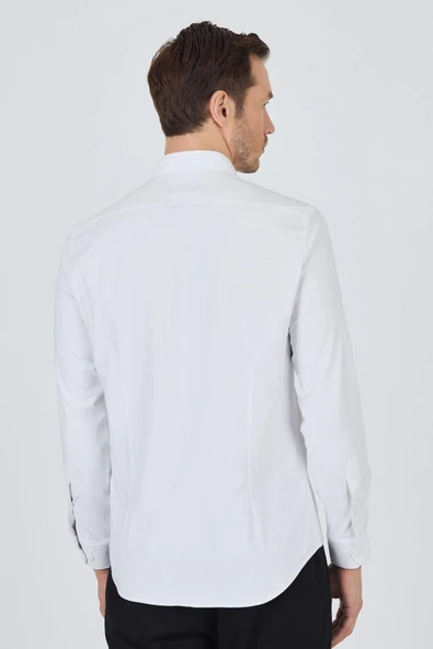 Uzun Kol Düz Bez Ayağı Düğmeli Yaka Cepsiz Pamuklu Casual Slim Fit Gömlek 1004250212 - Resim 5