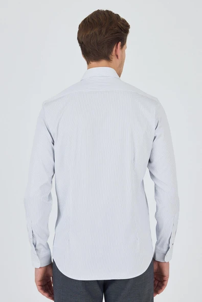 Beyaz-Mavi Sert Yaka Cepsiz Gabardin Uzun Kol Slim Fit Esnek Gömlek 1004250231 - Resim 5