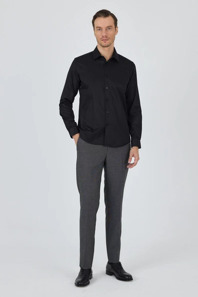 Siyah Sert Yaka Düz Classic Pamuklu Slim Fit Gömlek 1004250900 - Resim 2