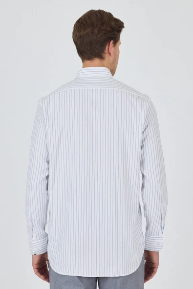 Uzun Kol Çizgili Desen Bez Ayağı Sert Yaka cepli Pamuklu Classic Comfort Fit Gömlek 1004250192 - Resim 5