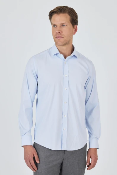 Koyu Mavi Yarım İtalyan Yaka Cepsiz Gabardin Uzun Kol Slim Fit Esnek Gömlek 1004250235