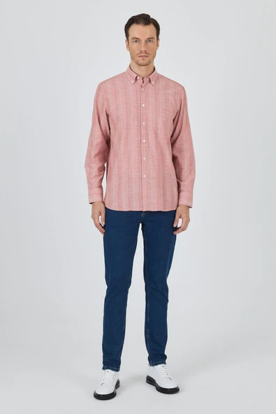 Uzun Kol Çizgili Desen Armürlü Düğmeli Yaka cepli Pamuklu Classic Comfort Fit Gömlek 1004250157 - Resim 3