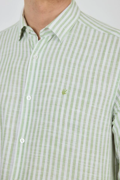 Açık Yeşil Kısalabilir Kol Cepsiz Pamuk Casual Comfort Fit Gömlek 1004250128 - Resim 3