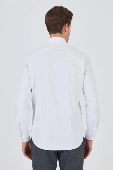 Beyaz Sert Yaka Cepsiz Gabardin Uzun Kol Slim Fit Esnek Gömlek 1004250234 - Resim 5