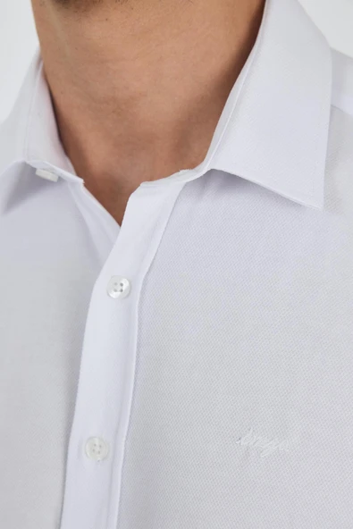 Uzun Kol Desenli Armürlü Sert Yaka Cepsiz Pamuklu Classic Slim Fit Gömlek 1004250185 - Resim 4