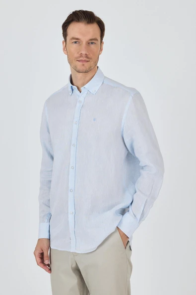 Uzun Kol Düz Keten Düğmeli Yaka Cepsiz Casual Comfort Fit Gömlek 1004250114 - Resim 3