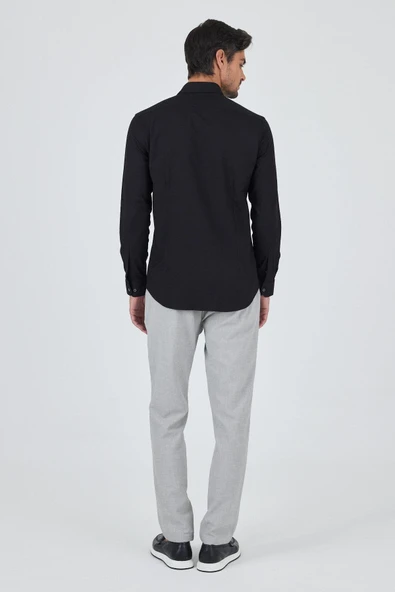 Uzun Kol Düz Bez Ayağı Düğmeli Yaka Cepsiz Pamuklu Casual Slim Fit Gömlek 1004250212 - Resim 5