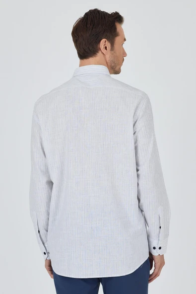 Uzun Kol Çizgili Desen Bez Ayağı Düğmeli Yaka cepli Pamuklu Casual Comfort Fit Gömlek 1004250100 - Resim 5